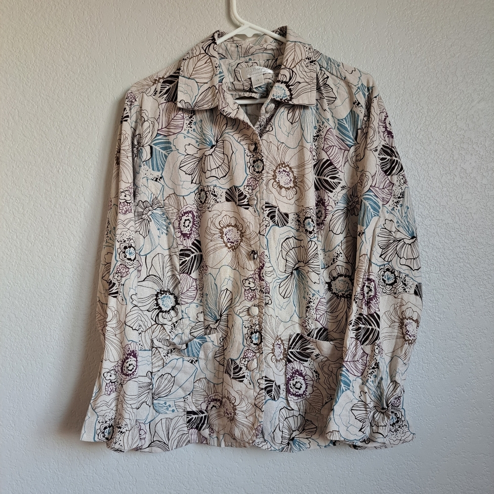 C.J. Banks Linen Blend Floral Print Button Down Longsleeve Size 1X